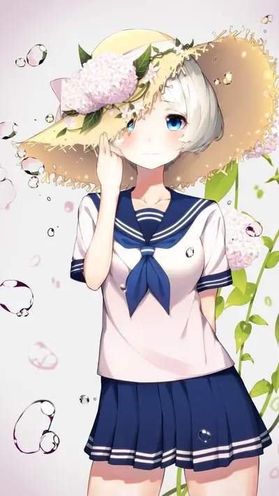 Anime girl in sailor uniform wearing a straw hat decorated with flowers