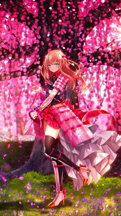 Anime girl in samurai outfit standing under a pink cherry blossom tree