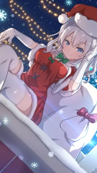 Anime girl in Santa dress, in a gift box under snow falling