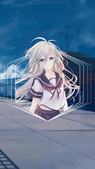 Anime girl in school uniform, cityscape background