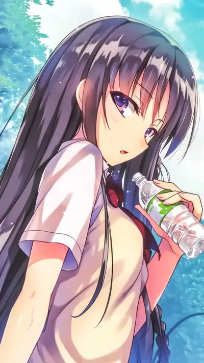 Anime girl in school uniform drinks from plastic bottle, background outdoors