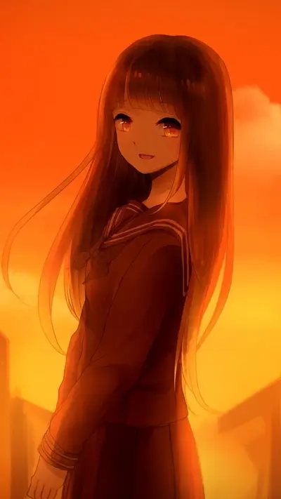 Anime girl in school uniform gazes, bathed in orange light