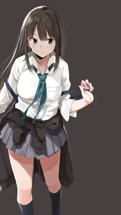 Anime girl in school uniform, holding straps
