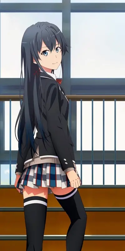 Anime girl in school uniform, looking back over shoulder