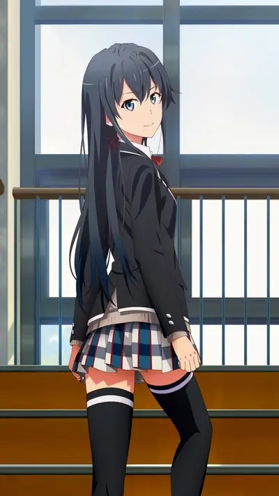 Anime girl in school uniform looking over her shoulder