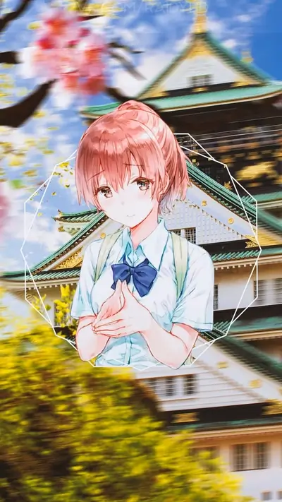 Anime girl in school uniform near Japanese castle