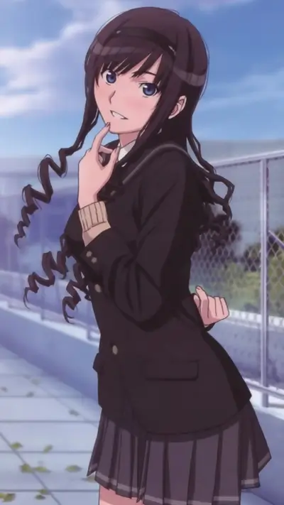 Anime girl in school uniform posing outside