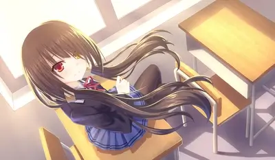 Anime girl in school uniform sitting at desk