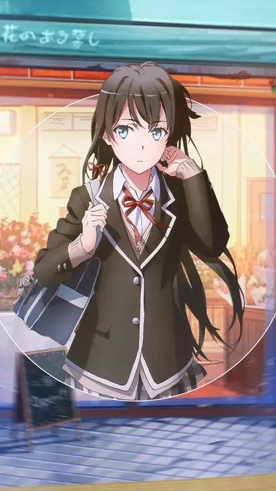 Anime girl in school uniform, standing in front of a shop