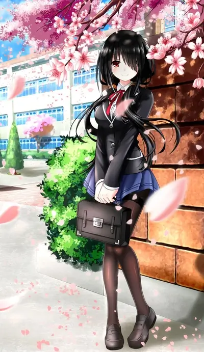 Anime girl in school uniform stands near blooming cherry blossom