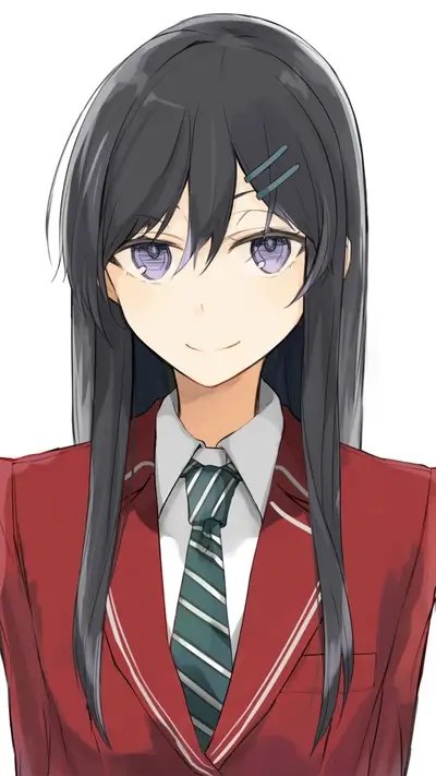 Anime girl in school uniform with dark hair and purple eyes
