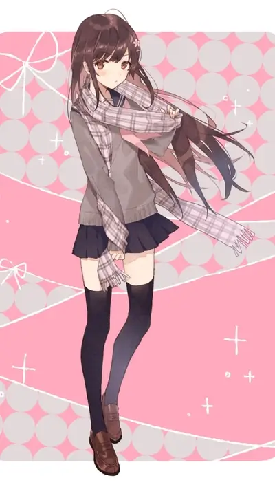 Anime girl in school uniform with plaid scarf, soft color palette
