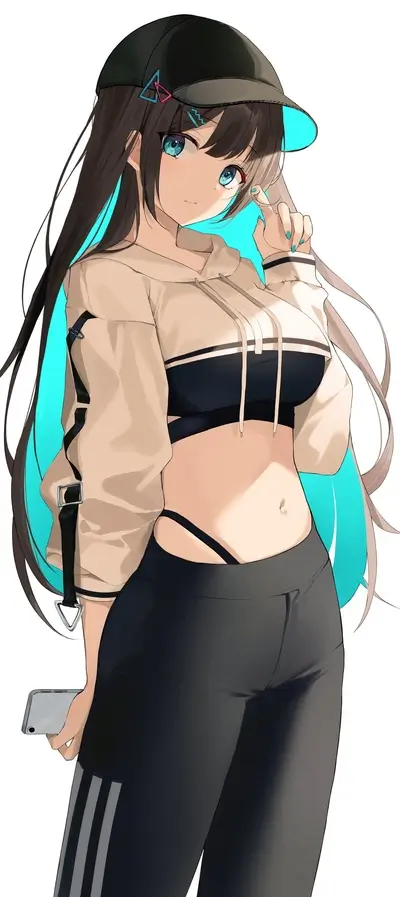 Anime girl in sporty outfit, holding a phone, with blue accents