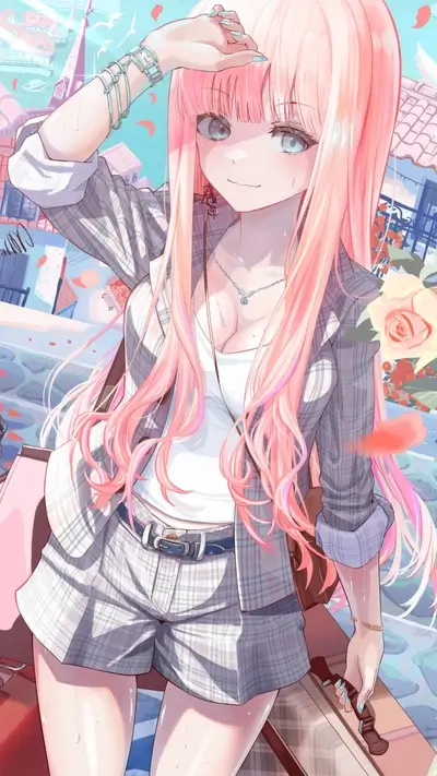 Anime girl in summer outfit with pink hair is going to travel