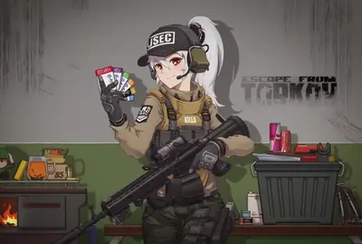Anime girl in tactical gear holding keycards