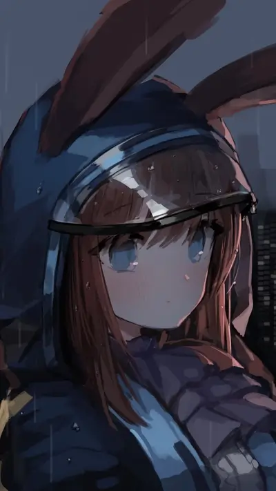 Anime girl in the rain with rabbit ears hood and sad expression