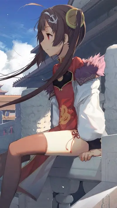 Anime girl in traditional Chinese dress sits on a wall