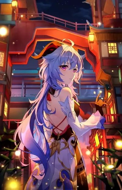 Anime girl in traditional East Asian clothing, nighttime setting
