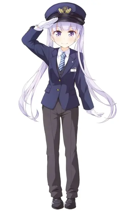 Anime girl in train conductor outfit saluting, white hair and purple eyes