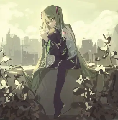 Anime girl in urban setting sitting, holding a flower, long green hair