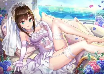 Anime girl in wedding dress near ocean