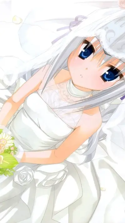 Anime girl in white wedding dress holding a bouquet.