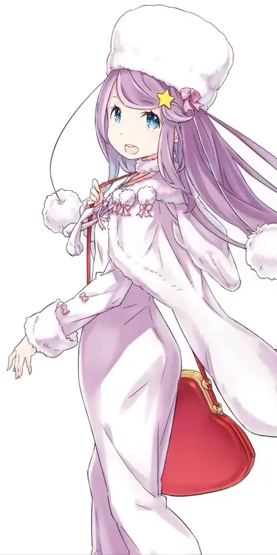 Anime girl in white winter outfit with lavender hair, a star hairpin, and a red purse.