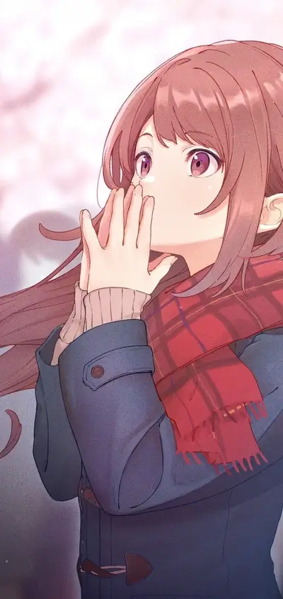 Anime girl in winter coat and scarf, hands near her face