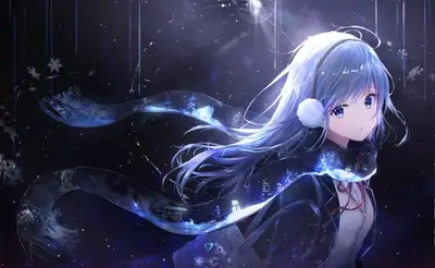 Anime girl in winter outfit, blue hair, large scarf, sparkling eyes