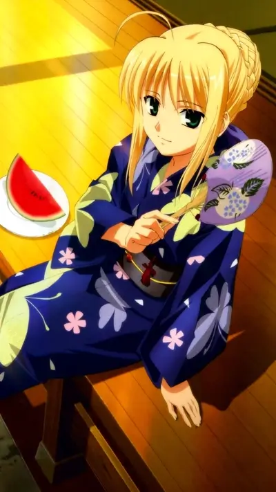 Anime girl in yukata with watermelon