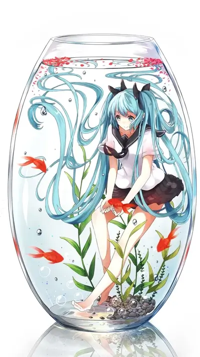 Anime girl inside a fishbowl with goldfish and seaweed