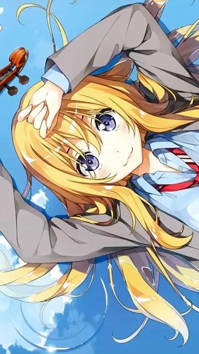 Anime girl laying on blue background with violin near her