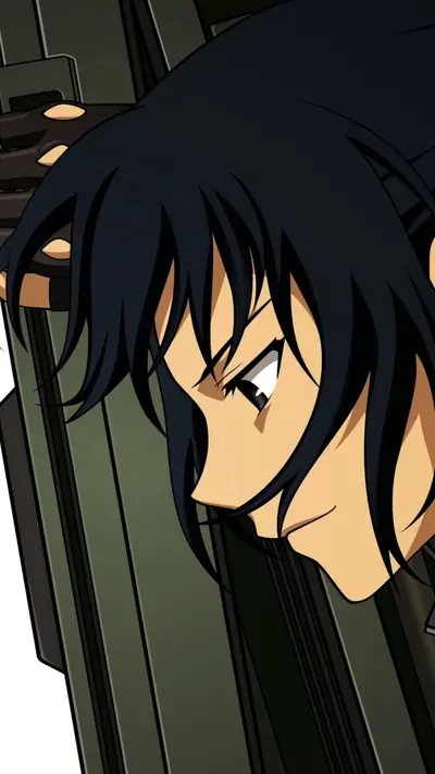 Anime girl leaning against a metallic structure