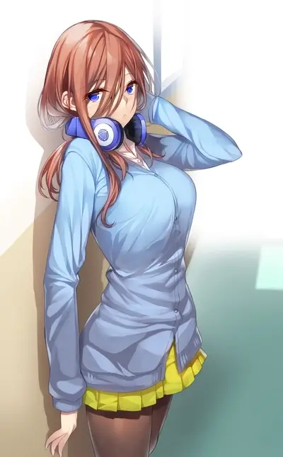 Anime girl leaning against wall, wearing headphones and cardigan