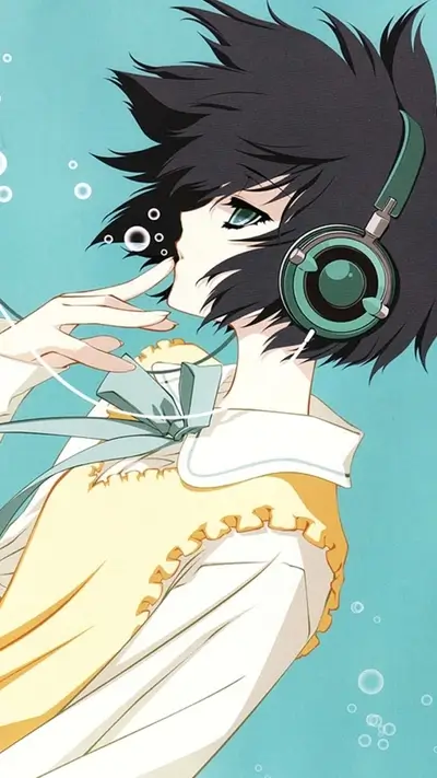 Anime girl listening to music with headphones on light blue background