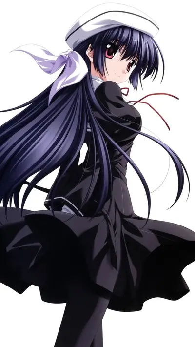 Anime girl, long dark hair, dark uniform, white hat, pretty smile