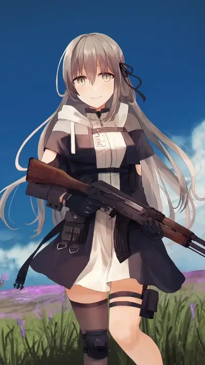 Anime girl, long gray hair, with an assault rifle in a field