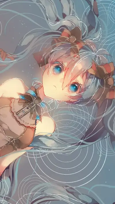 Anime girl looking up, blue eyes and hair, brown dress, ribbons, water ripples