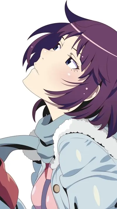 Anime girl looking up, wearing a light blue jacket