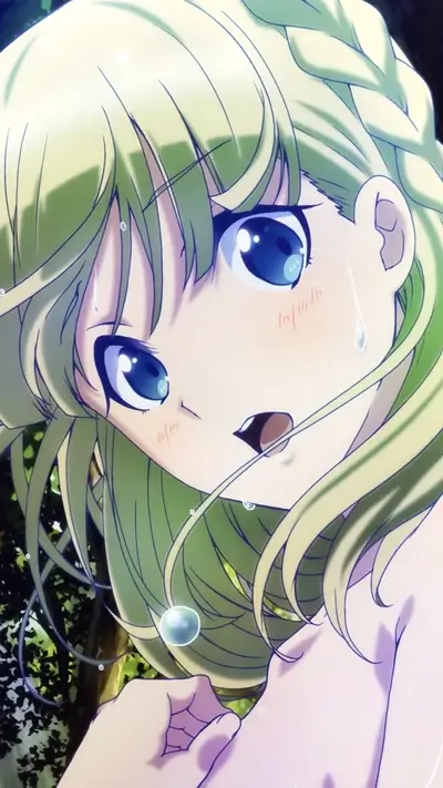 Anime girl looking up with blonde hair and blue eyes, surrounded by nature