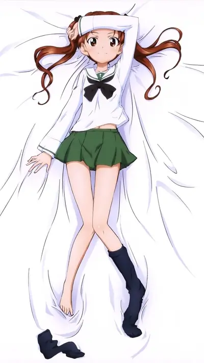 Anime girl lying on a bed with one sock on