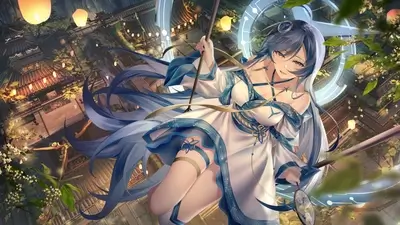 Anime girl on a swing, lanterns and architecture