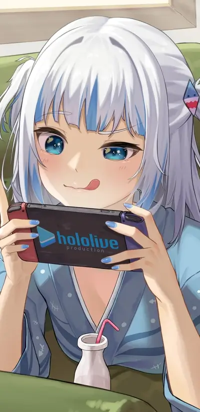 Anime girl playing handheld console, milk bottle by her side