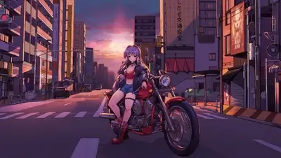 Anime girl poses on motorcycle in city street at sunset.