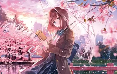 Anime girl reading under umbrella
