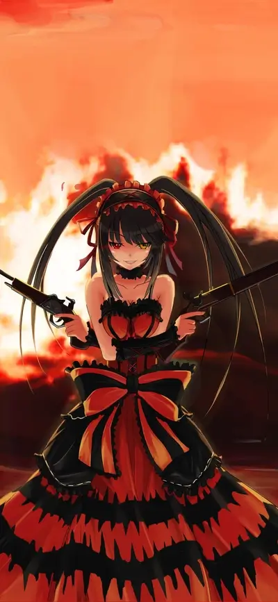 Anime girl, red and black dress, guns, fiery background
