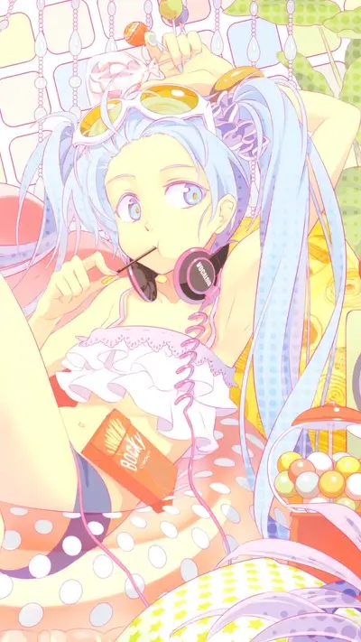 Anime girl relaxing with candy and headphones, enjoying a colorful, vibrant setting