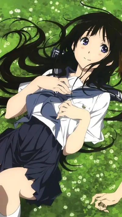 Anime girl resting on a clover meadow with sunlight and black hair