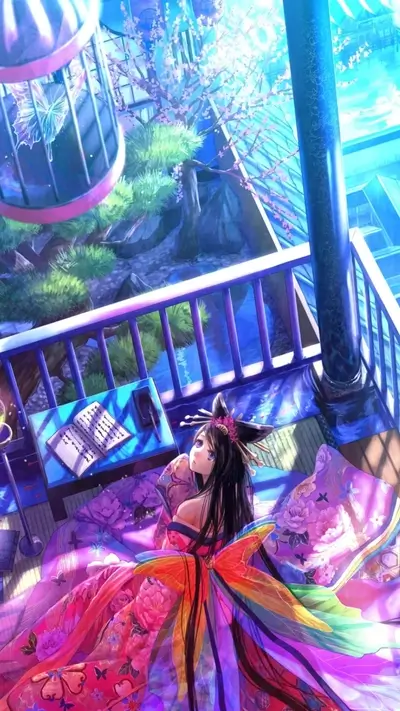 Anime girl resting on her balcony, reading a book, surrounded by flowers