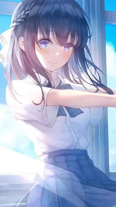 Anime girl, school uniform, gazing with bright purple eyes near a sunlit window